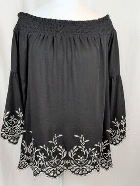 WHBM Embroidered Off the Shoulder Blouse Black Eyelet Bell Sleeve Small